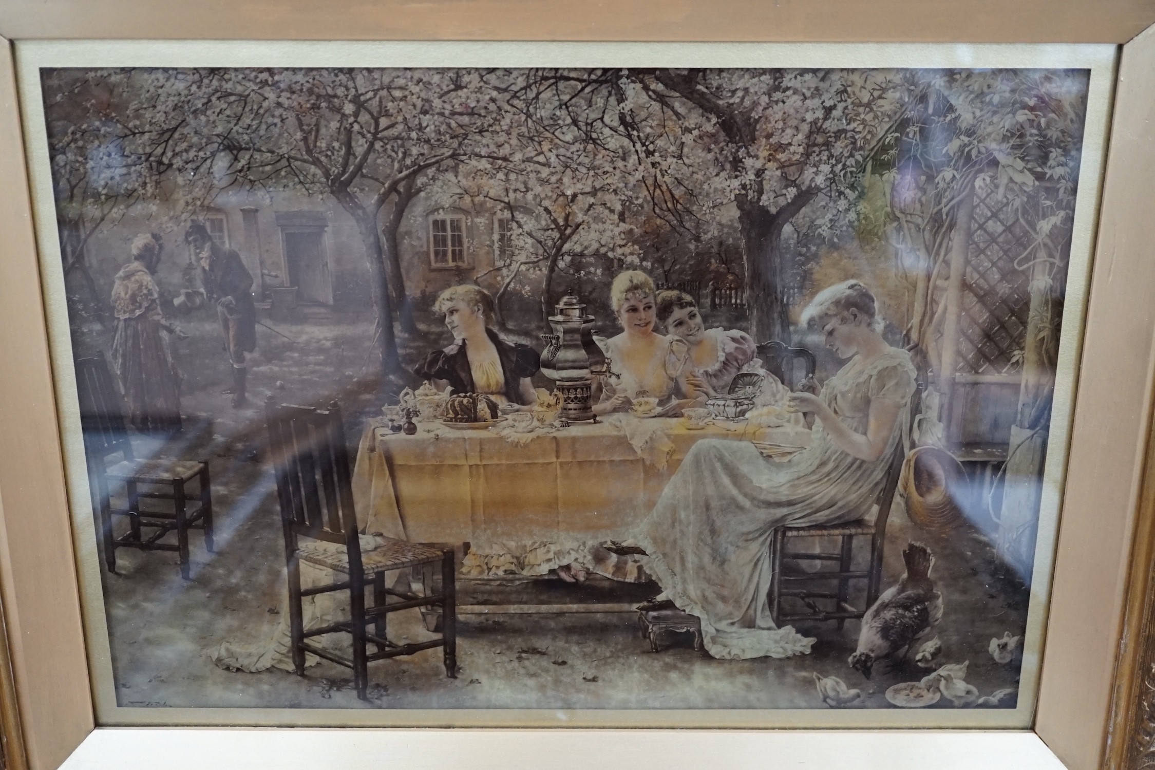 English School c.1900, two crystoleums, Tea in the garden and Lovers in woodland, 26 x 37cm